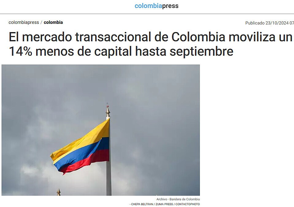 El mercado transaccional de Colombia moviliza un 14% menos de capital hasta septiembre